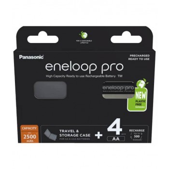 Panasonic Eneloop Pro AA 2500mAh 4BL įkraunamos baterijos 4 vnt. ir baterijų dėklas