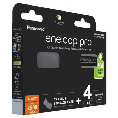 Panasonic Eneloop Pro AA 2500mAh 4BL įkraunamos baterijos 4 vnt. ir baterijų dėklas